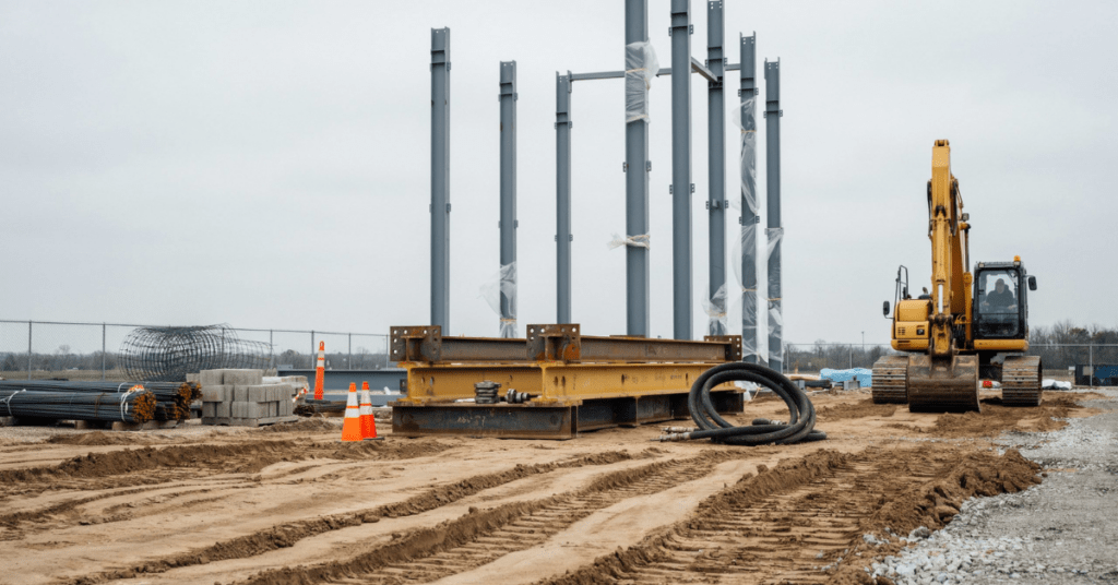 Steel columns erected on a graded construction site with structural beams, rebar bundles, and an excavator nearby