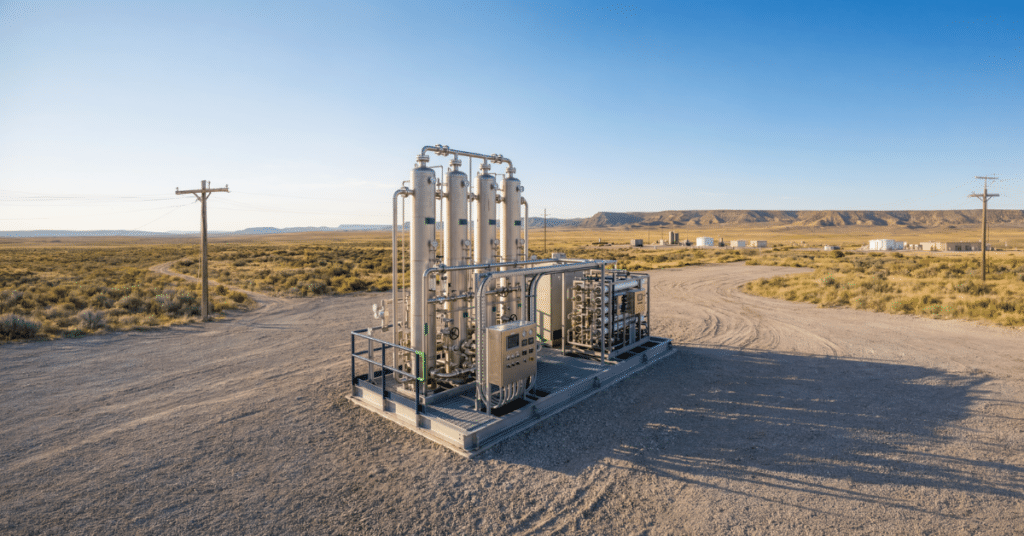 Skid-mounted gas processing unit with four stainless steel vessels on a gravel pad in a remote high desert setting